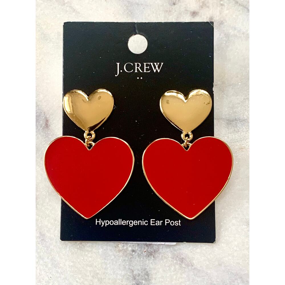 J. Crew Gold and Red Enamel Heart Dangle Statement Earrings NWT - Picture 4 of 6